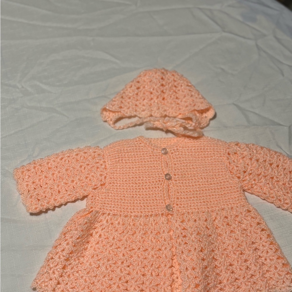 Vintage Handmade Peach Crochet Baby Dress with Bonnet